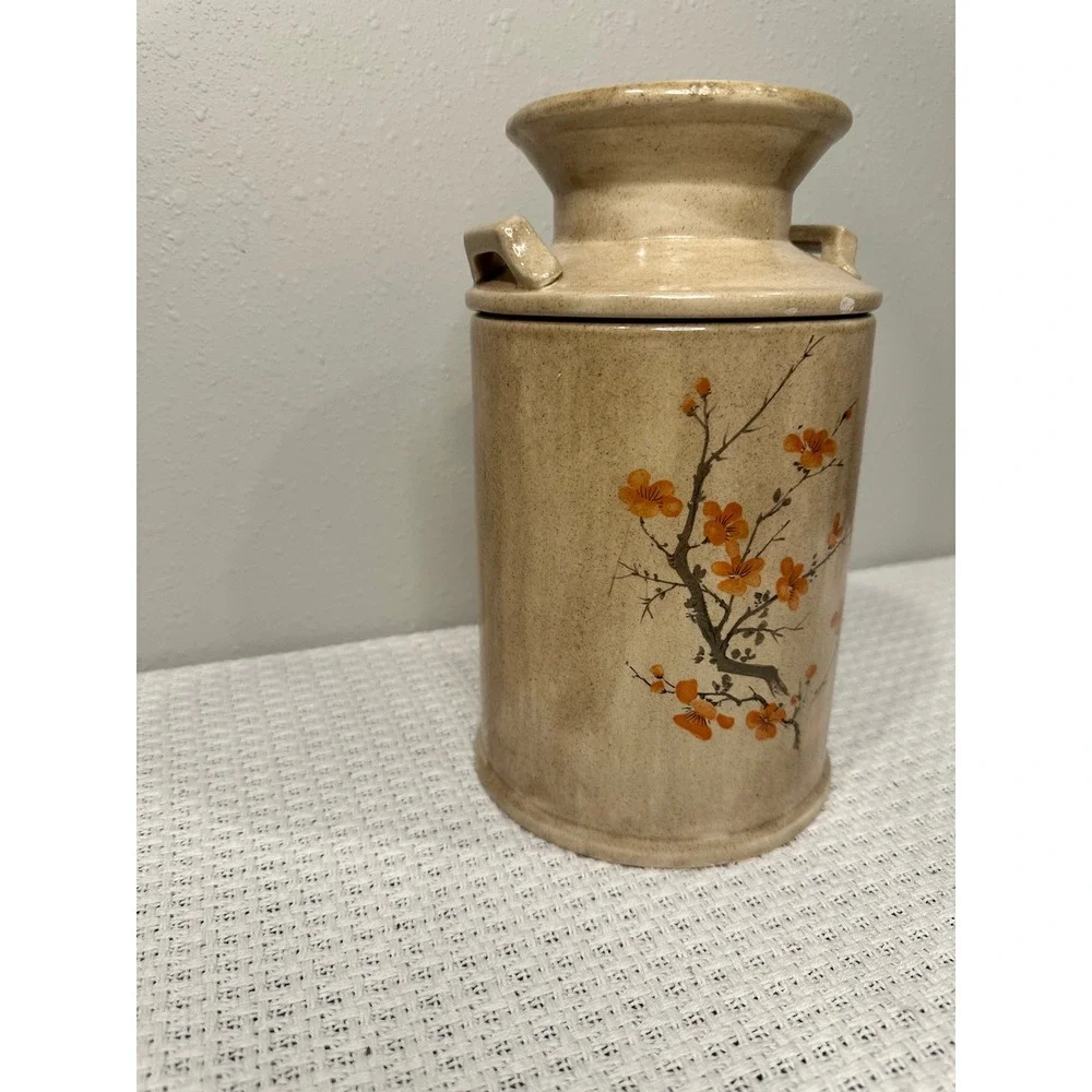 Vintage Ceramic Milk Can Canister 9x5 Tan Orange Cherry Blossom Farmhouse Decor